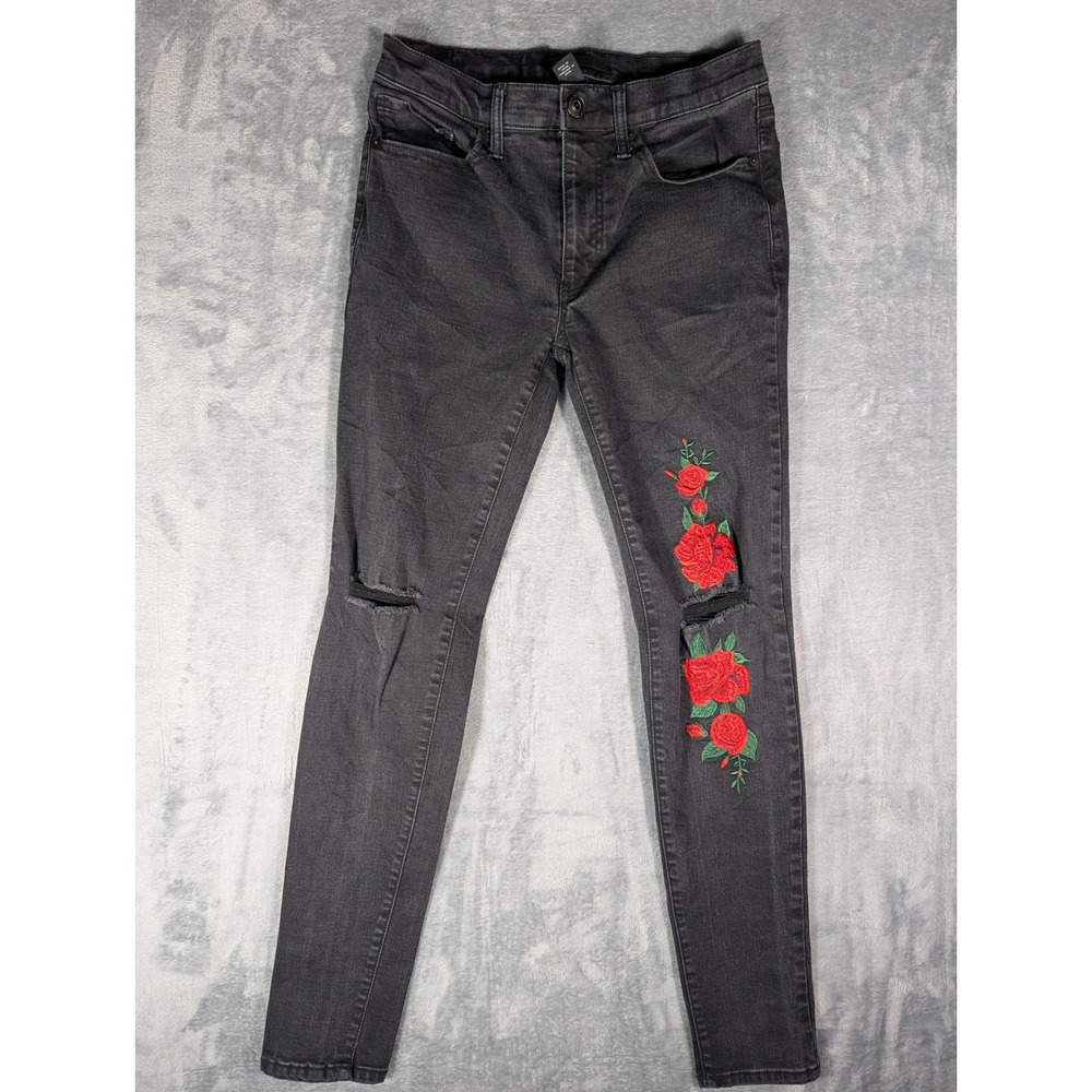 Forever 21 Womens Black Rose Floral Embroidered Ripped Knee Skinny Jeans Size 31